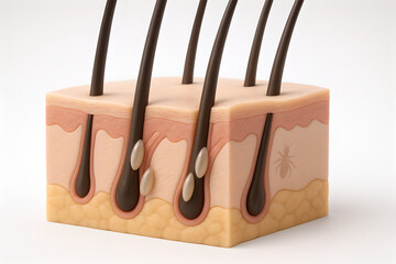 Photorealistic 3D medical of pediculosis capitis, child’s scalp surface macro (no full face) with parted hair shafts, several Pediculus humanus capitis adults and nits attached near the hair base