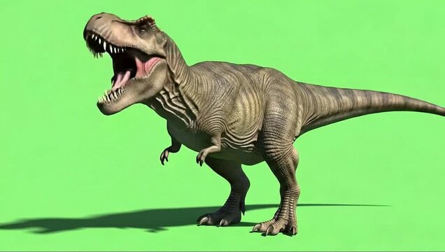 Dynamic Tyrannosaurus Rex 3D running animation on green screen for high-resolution video productions and VFX environments