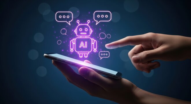 Mobile technology displays neon robot and chat bubbles for communication and digital interaction with dark background