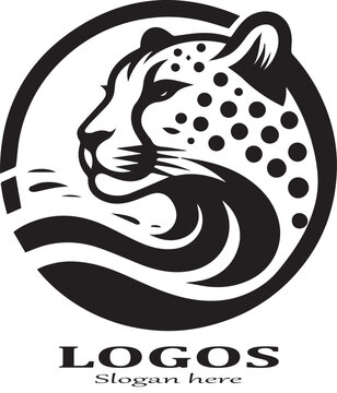Black and white vector logo of a cheetah head in profile within a circular frame, featuring prominent spots and flowing wave/mane elements