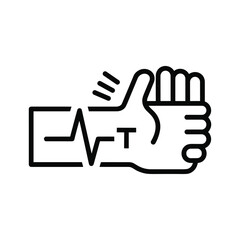 Line art icon combining a heartbeat ekg line with a thumbs up hand gesture, isolated on