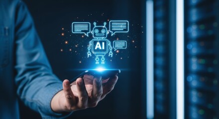 Human hand holding smartphone with glowing robot and speech bubbles representing technology and digital transformation