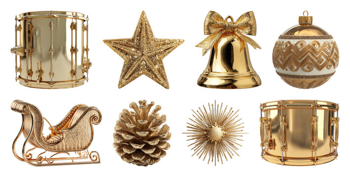 PNG Golden festive holiday ornament collection, element set on transparent background - Powered by Adobe