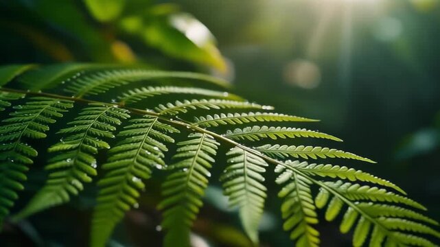 A serene close-up of lush green ferns in a forest, illuminated by soft sunlight filtering through the leaves.