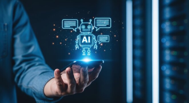 Human hand holding smartphone with glowing robot and speech bubbles representing technology and digital transformation