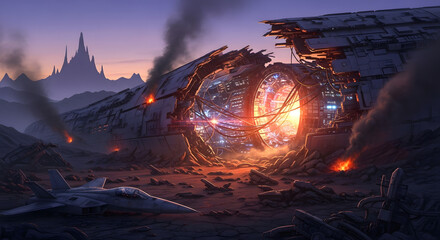 Doomed Aircraft: Depicting a ravaged aircraft wreck, a scene of a disaster.