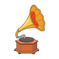 A vintage gramophone with a large brass horn spins a crackling vinyl record, filling the room with nostalgic melodies and retro charm, echoing timeless musical history.”