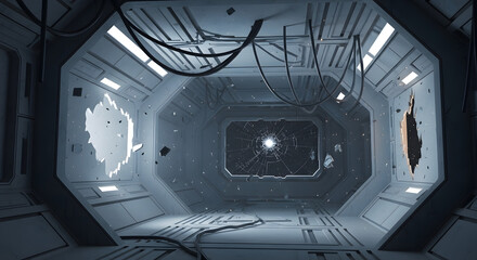 Damaged Spaceship Corridor: An ominous sci-fi scene unfolds within a futuristic spaceship corridor. Damaged walls and exposed wires hint at a catastrophic event.