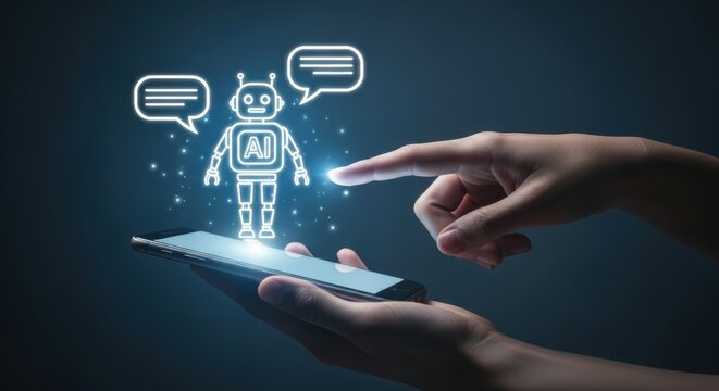 Human interacts with a robotic assistant on a smartphone in a futuristic communication concept for seamless integration and innovative technology