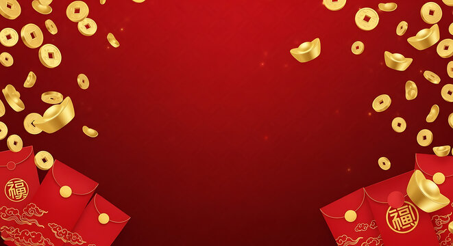 Festive chinese new year background with golden coins, ingots, and red envelopes for a prosperous celebration