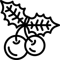 Outline icon of holly leaves and berries, classic Christmas decoration element.