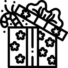 Outline icon of an open Christmas gift box with stars, ribbon and candy cane.