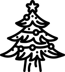 Outline icon of a decorated Christmas tree with ornaments and star on top.