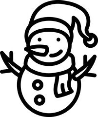 Outline icon of a smiling snowman with hat and scarf, fun winter holiday symbol.