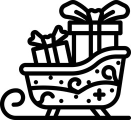 Outline icon of a festive sleigh filled with gift boxes, holiday delivery theme.