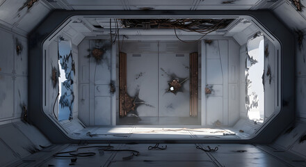 Abandoned Space Station Interior: A stark, futuristic interior reveals a scene of dereliction, marked by signs of distress and neglect, hinting at a forgotten past within the vast expanse of space.
