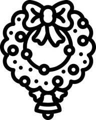 Outline icon of a decorative Christmas wreath with bow and ornaments.