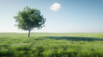 Obraz premium Fresh grass field with single wild tree 