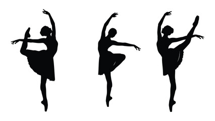 Three ballerina silhouettes in ballet poses isolated on white background, Vector