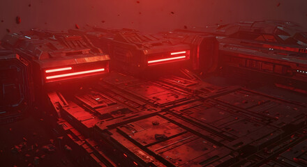 Mysterious Red Light: Illuminated sci-fi vehicle at a spaceport shrouded in an enigmatic red aura, symbolizing a futuristic and foreboding atmosphere.