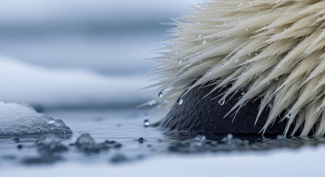 Close-up of a polar bear's paw, fur glistening with water droplets, submerged in icy water alongside melting ice. The background is a soft, blurred landscape - Powered by Adobe