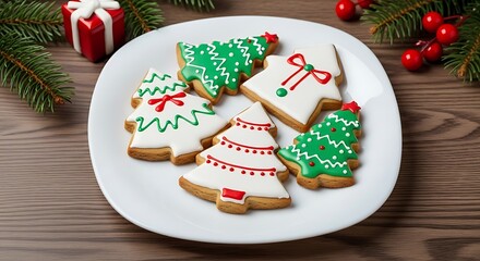Festive christmas tree and star shaped cookies decorated with icing on a white plate surrounded by garland