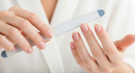 Female manicure: close-up of woman filing nails with emory board