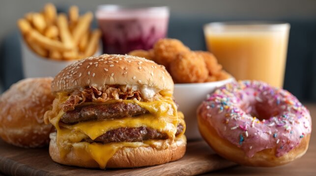 A tempting spread of unhealthy food sits on a wooden table, showcasing a towering cheeseburger, sweet donuts, crispy fries, and savory chicken bites. Perfect for a cheat day treat