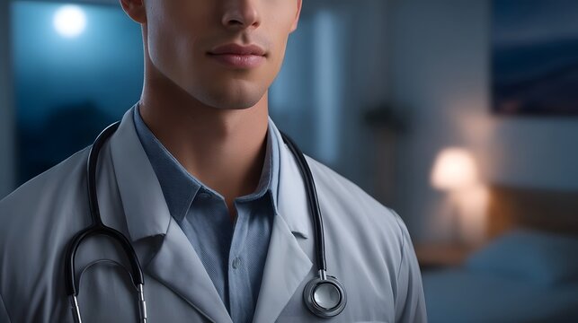 A medical professional in a lab coat with a stethoscope stands in a dimly lit room at twilight