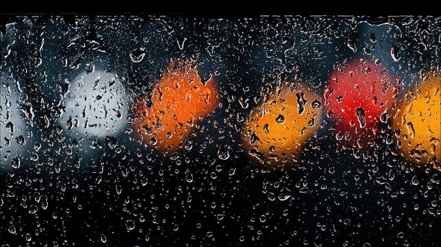 Close-up view of raindrops on a window with blurred colorful lights creating a bokeh effect in the background.