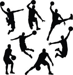 Basketball player silhouette set, dynamic action poses, sports movement icons, athlete dribbling and dunking, flat vector illustration, isolated design