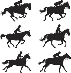 Horse racing silhouettes, jockey gallop motion, equestrian sport action, dynamic stride poses, black vector horses, flat vector illustration