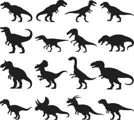Dinosaur silhouettes, prehistoric animals, extinct species, fossil shapes, side profile, grid layout, educational asset, science theme – flat vector illustration