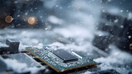 Intricate electronic circuit board with a dark processor chip covered in falling snow symbolizing technology s resilience in harsh winter conditions