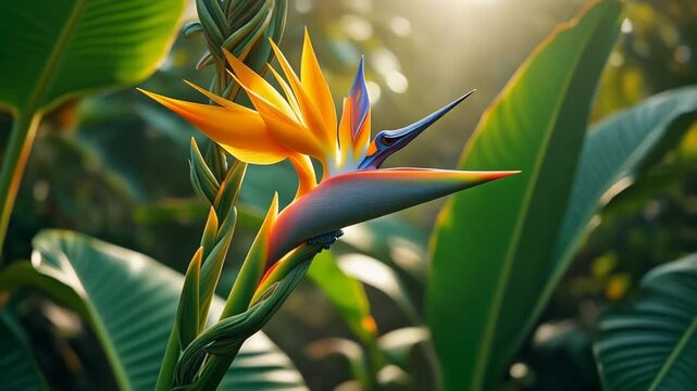 A vibrant bird of paradise flower blooming amidst lush green foliage in a tropical garden