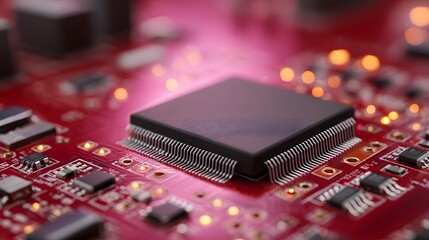 Detailed close up of a black semiconductor chip on a red printed circuit board with soft bokeh lights