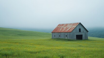Obraz premium Isolated barn in middle of green land 
