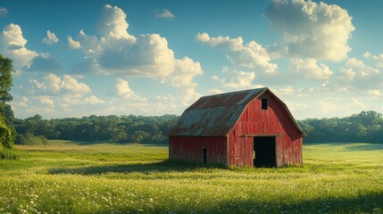 Obraz premium Isolated barn in middle of green land 