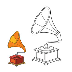 A vintage gramophone coloring page featuring a classic horn speaker, ornate base, and detailed grooves invites creativity. Perfect for adding retro charm with bold, nostalgic shades.
