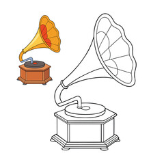 A vintage gramophone coloring page featuring a classic horn speaker, ornate base, and detailed grooves invites creativity. Perfect for adding retro charm with bold, nostalgic shades.
