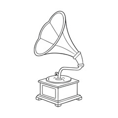 A vintage gramophone coloring page featuring a classic horn speaker, ornate base, and detailed grooves invites creativity. Perfect for adding retro charm with bold, nostalgic shades.
