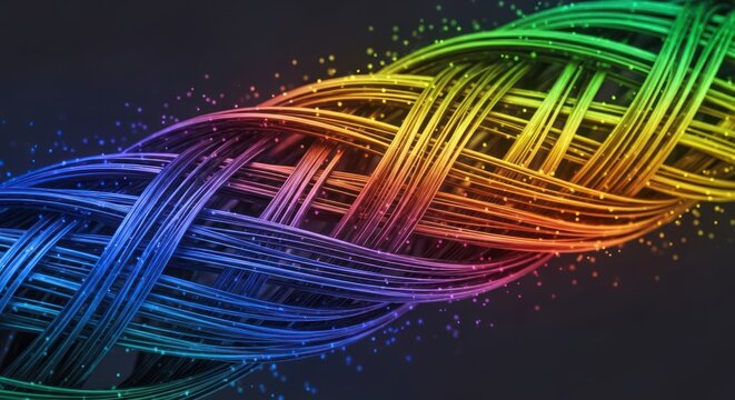 A vibrant, interwoven stream of rainbow-colored strands with a dark background, speckled with light