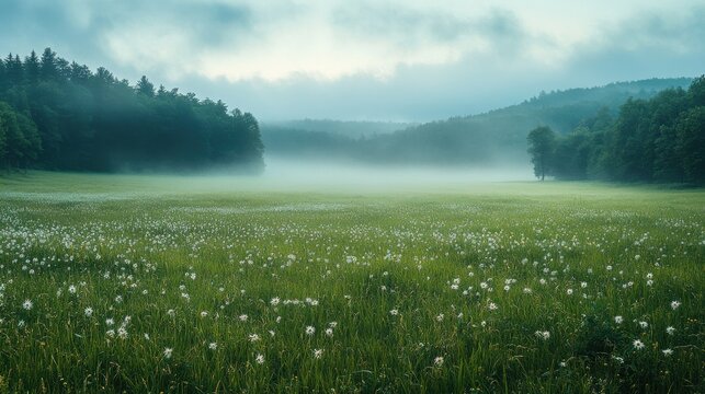 Large meadow with soft morning mist  - Powered by Adobe