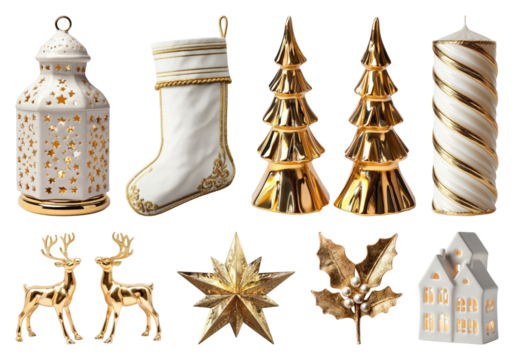 PNG Elegant gold and white Christmas decorations, element set on transparent background