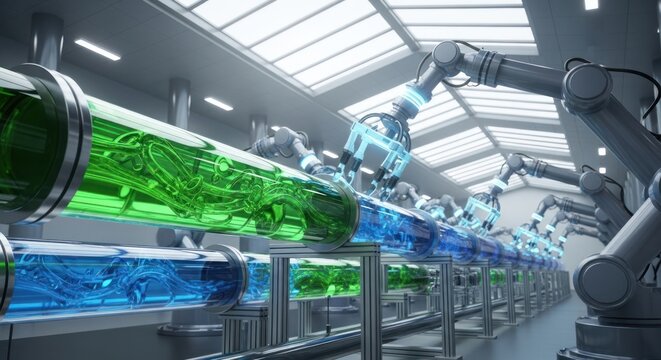 Robotic arms manipulate liquids within illuminated tubes in a futuristic, industrial setting