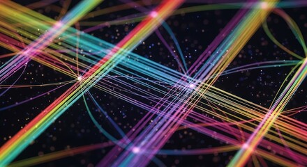 Vivid, multicolored data streams intersect with light flares against a dark, speckled backdrop