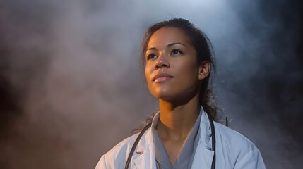 A thoughtful female healthcare professional in a white coat looks upwards against a dramatic misty background