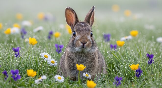 A fuzzy bunny sits among vibrant wildflowers in a dewy, grassy field, looking at the viewer