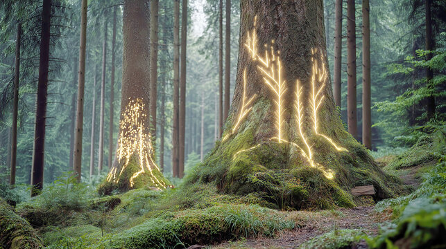 Mystical Forest Tree Trunk with Glowing Golden Lights, Nature Magic, Fairy Tale Landscape