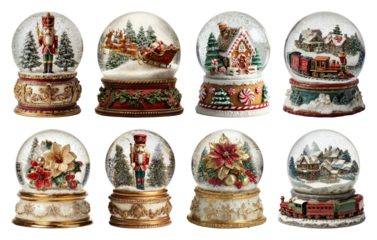 PNG Festive snow globes with holiday scenes, element set on transparent background